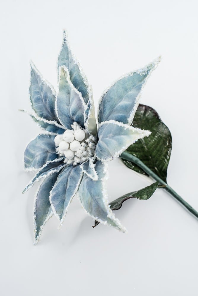 Artificial Blue & White Frosted Poinsettia Stem - 24" - Greenery MarketArtificial Flowers226392