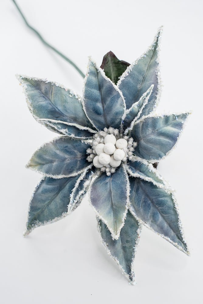 Artificial Blue & White Frosted Poinsettia Stem - 24" - Greenery MarketArtificial Flowers226392