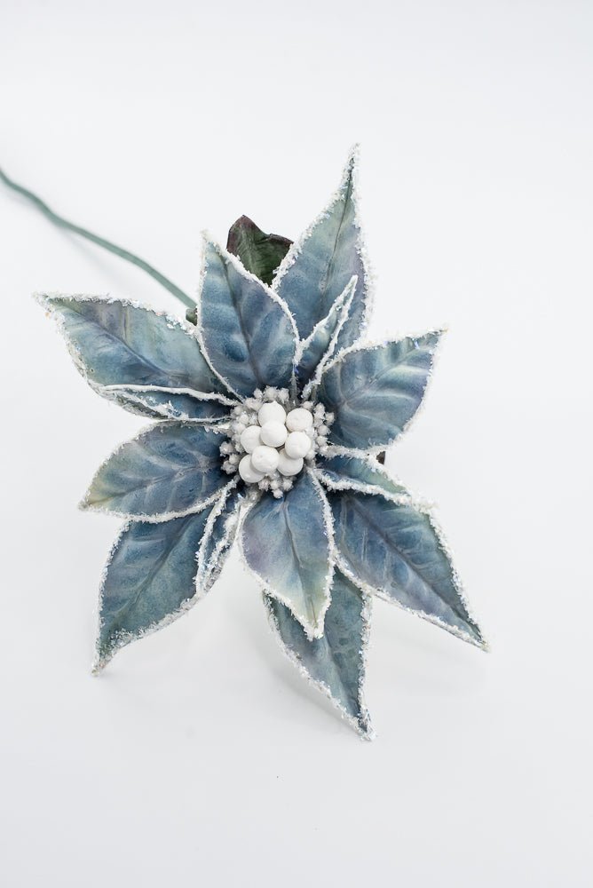 Artificial Blue & White Frosted Poinsettia Stem - 24" - Greenery MarketArtificial Flowers226392