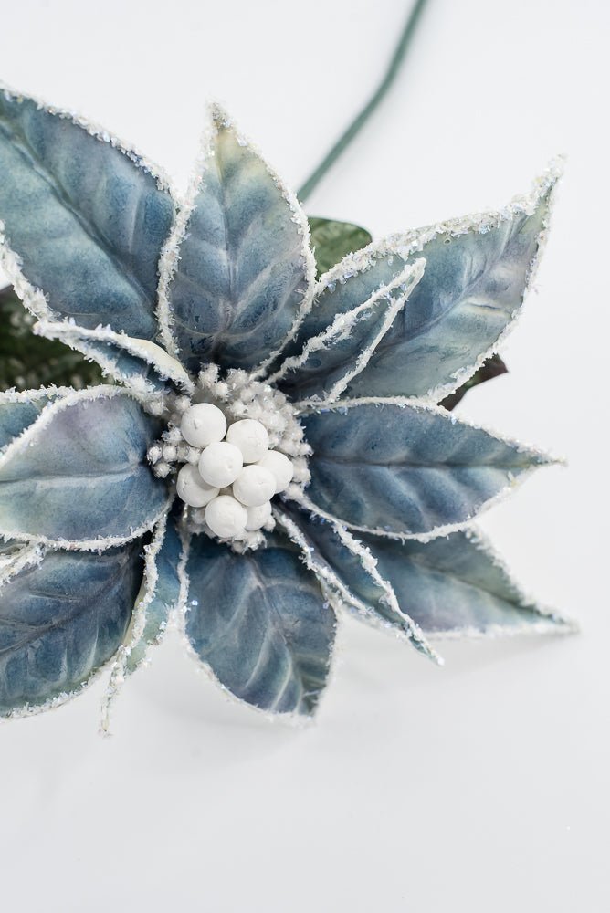Artificial Blue & White Frosted Poinsettia Stem - 24" - Greenery MarketArtificial Flowers226392
