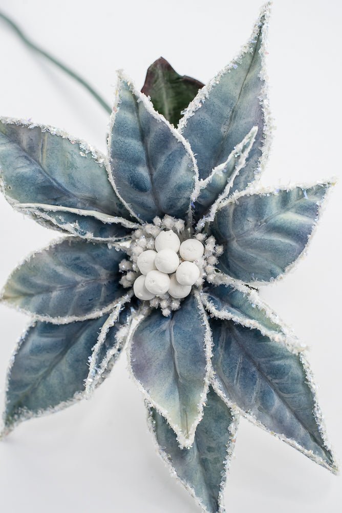 Artificial Blue & White Frosted Poinsettia Stem - 24" - Greenery MarketArtificial Flowers226392