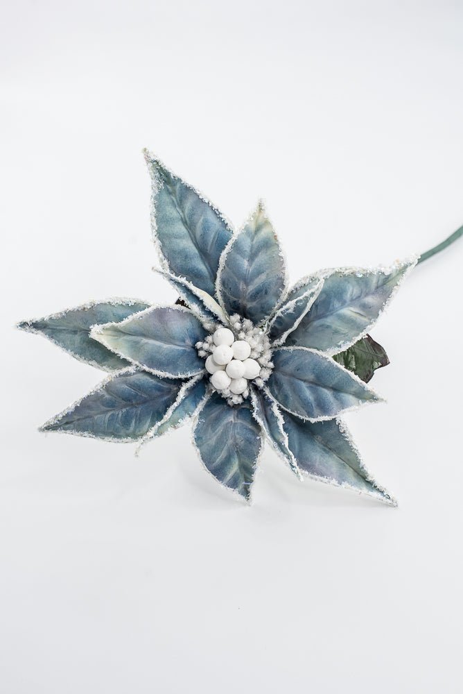 Artificial Blue & White Frosted Poinsettia Stem - 24" - Greenery MarketArtificial Flowers226392