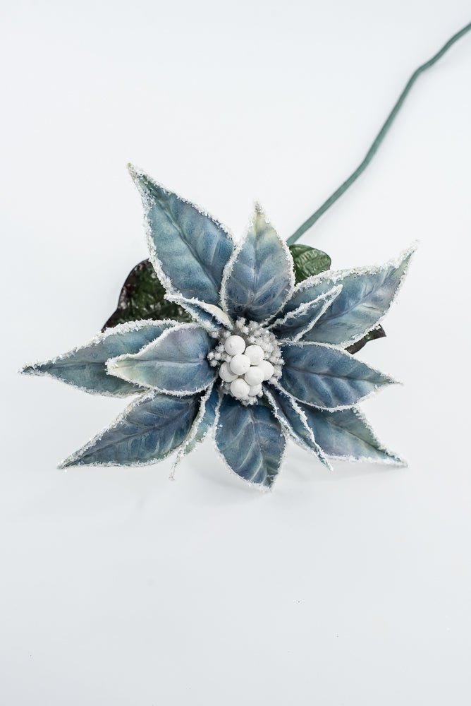Artificial Blue & White Frosted Poinsettia Stem - 24" - Greenery MarketArtificial Flowers226392
