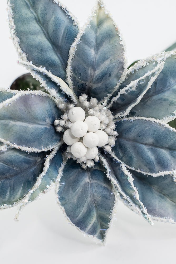 Artificial Blue & White Frosted Poinsettia Stem - 24" - Greenery MarketArtificial Flowers226392