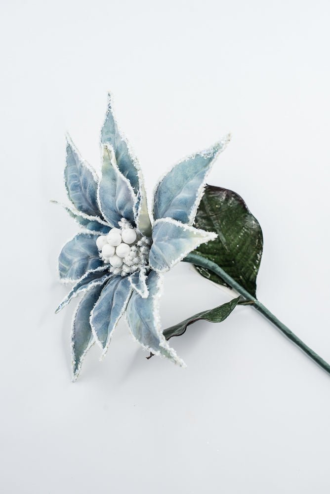 Artificial Blue & White Frosted Poinsettia Stem - 24" - Greenery MarketArtificial Flowers226392