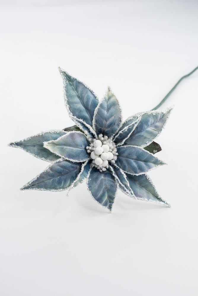 Artificial Blue & White Frosted Poinsettia Stem - 24" - Greenery MarketArtificial Flowers226392