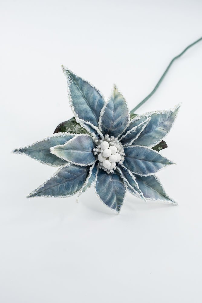 Artificial Blue & White Frosted Poinsettia Stem - 24" - Greenery MarketArtificial Flowers226392