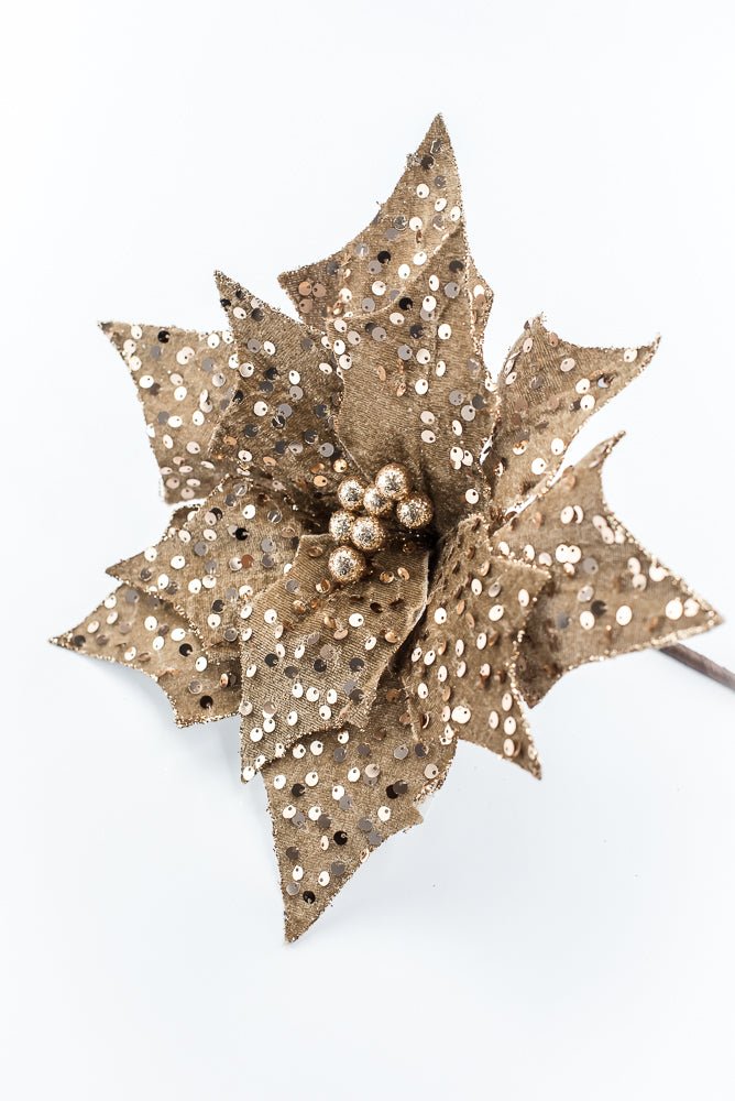 Artificial Brown Sequin Poinsettia Stem - 20" - Greenery MarketArtificial Flowers279175