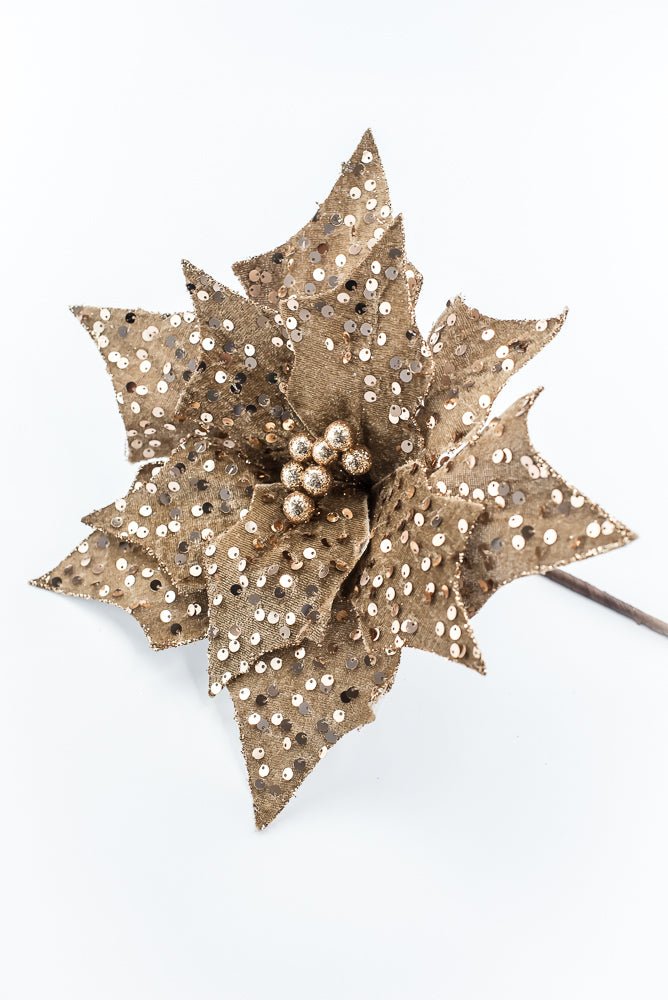 Artificial Brown Sequin Poinsettia Stem - 20" - Greenery MarketArtificial Flowers279175