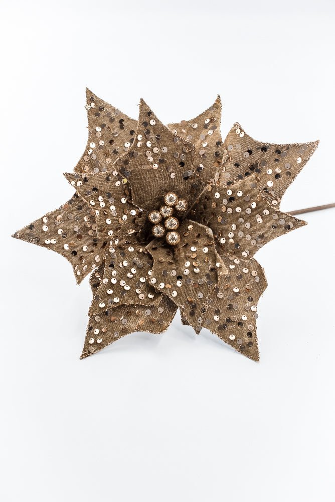 Artificial Brown Sequin Poinsettia Stem - 20" - Greenery MarketArtificial Flowers279175