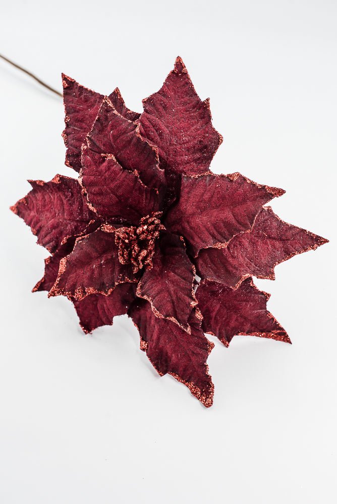 Artificial Burgundy Glitter Edge Velvet Poinsettia Spray - 25" - Greenery MarketArtificial Flora40462-BG