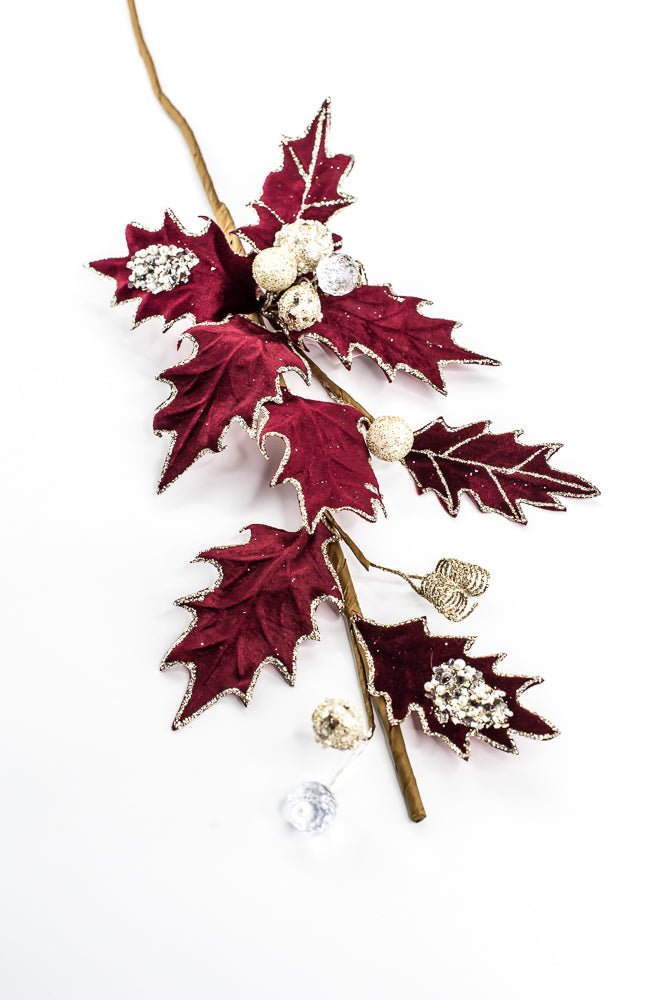 Artificial, Burgundy, Velvet Holly Berry With Glitter Spray - 25" - Greenery MarketArtificial Flora85855-BG