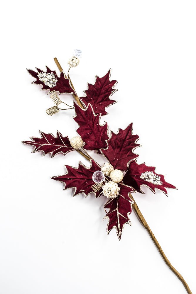 Artificial, Burgundy, Velvet Holly Berry With Glitter Spray - 25" - Greenery MarketArtificial Flora85855-BG