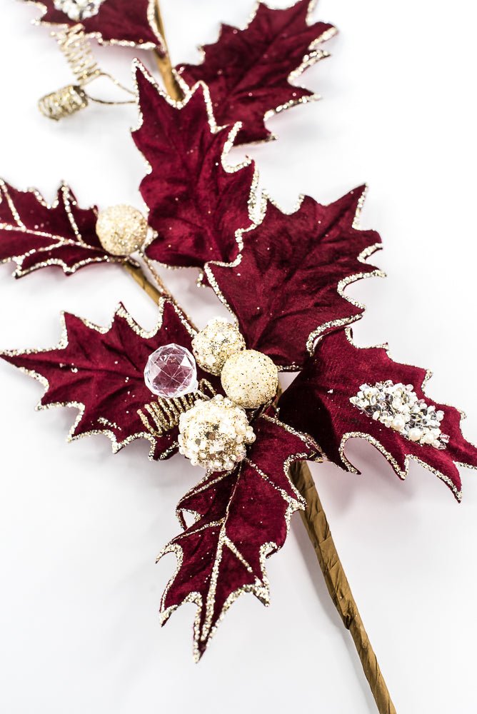 Artificial, Burgundy, Velvet Holly Berry With Glitter Spray - 25" - Greenery MarketArtificial Flora85855-BG