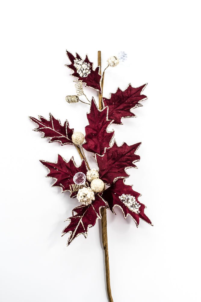 Artificial, Burgundy, Velvet Holly Berry With Glitter Spray - 25" - Greenery MarketArtificial Flora85855-BG