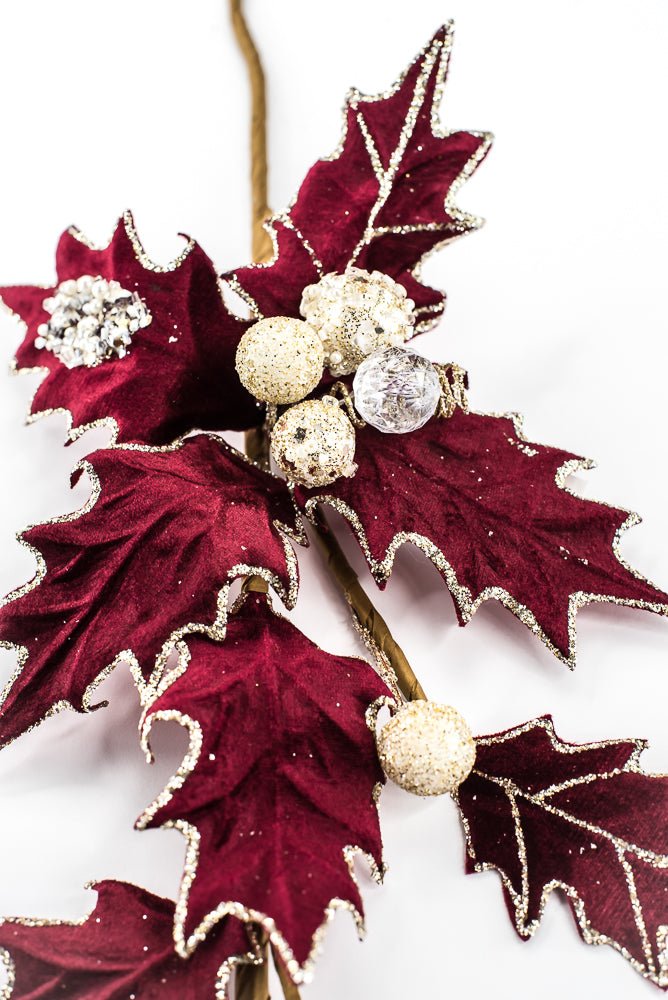 Artificial, Burgundy, Velvet Holly Berry With Glitter Spray - 25" - Greenery MarketArtificial Flora85855-BG