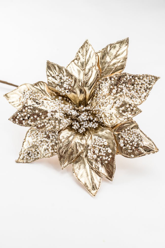 Artificial Champagne Metallic Poinsettia Stem With Pearl - 20" - Greenery MarketArtificial FloraXG1091-CH