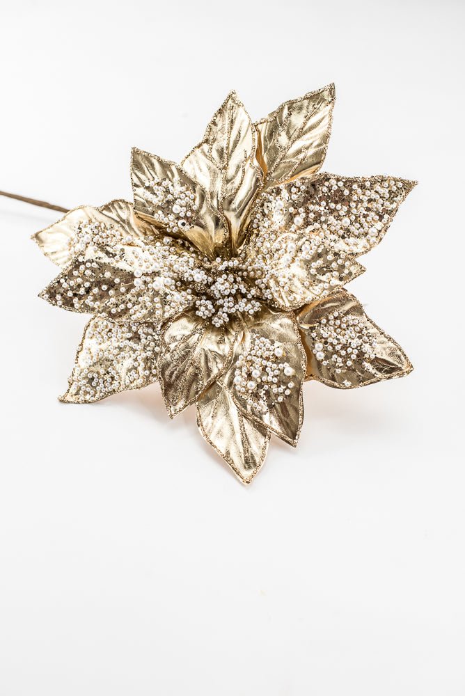 Artificial Champagne Metallic Poinsettia Stem With Pearl - 20" - Greenery MarketArtificial FloraXG1091-CH
