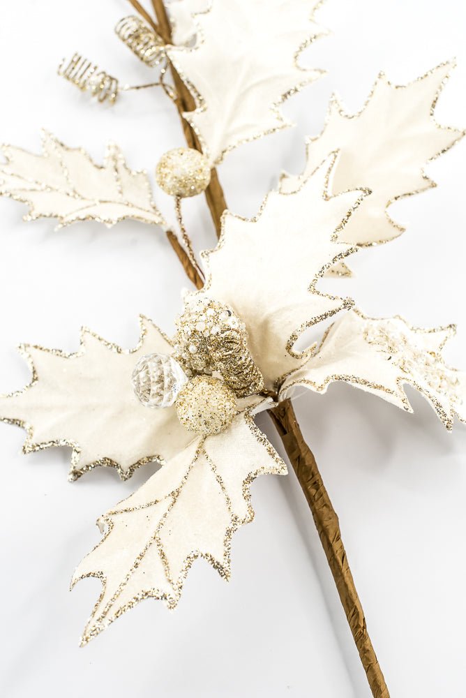 Artificial Cream Velvet Holly Berry With Glitter Spray - 25" - Greenery MarketArtificial Flora85855-CR