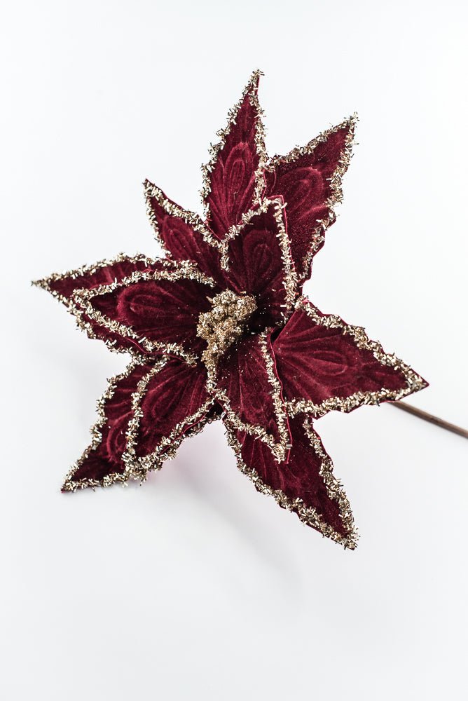 Artificial Deep Red & Tinsel Poinsettia Stem - 19" - Greenery MarketArtificial Flowers281588