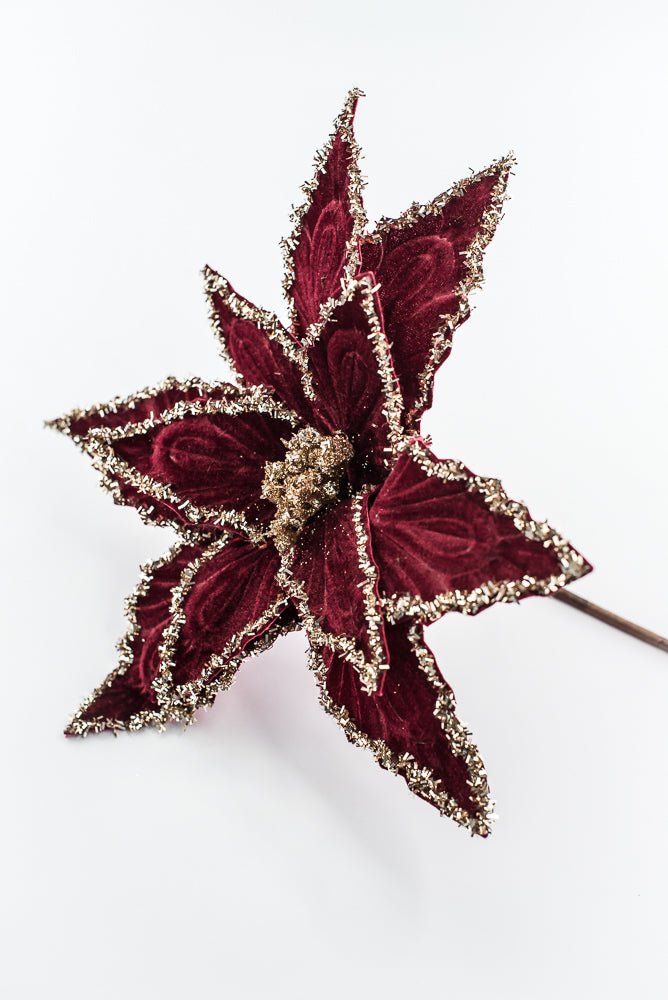 Artificial Deep Red & Tinsel Poinsettia Stem - 19" - Greenery MarketArtificial Flowers281588