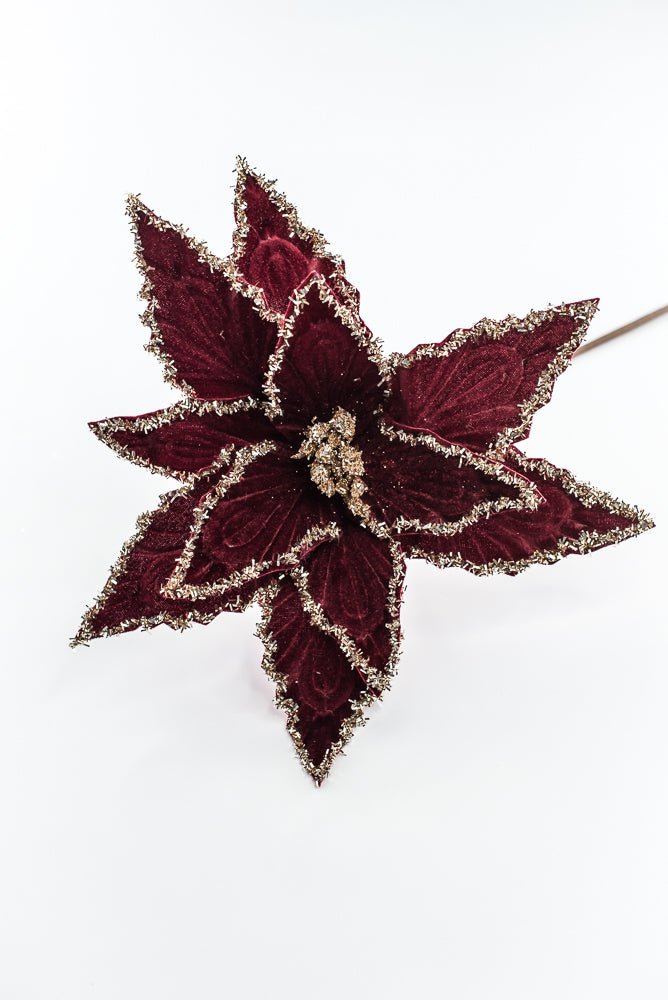 Artificial Deep Red & Tinsel Poinsettia Stem - 19" - Greenery MarketArtificial Flowers281588