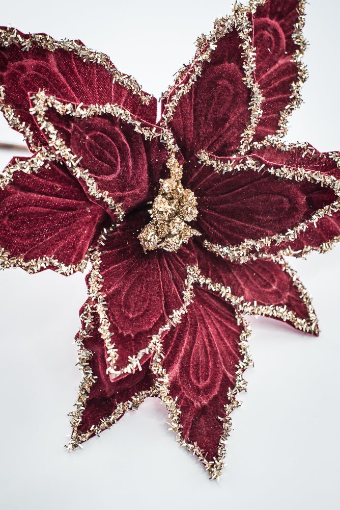 Artificial Deep Red & Tinsel Poinsettia Stem - 19" - Greenery MarketArtificial Flowers281588