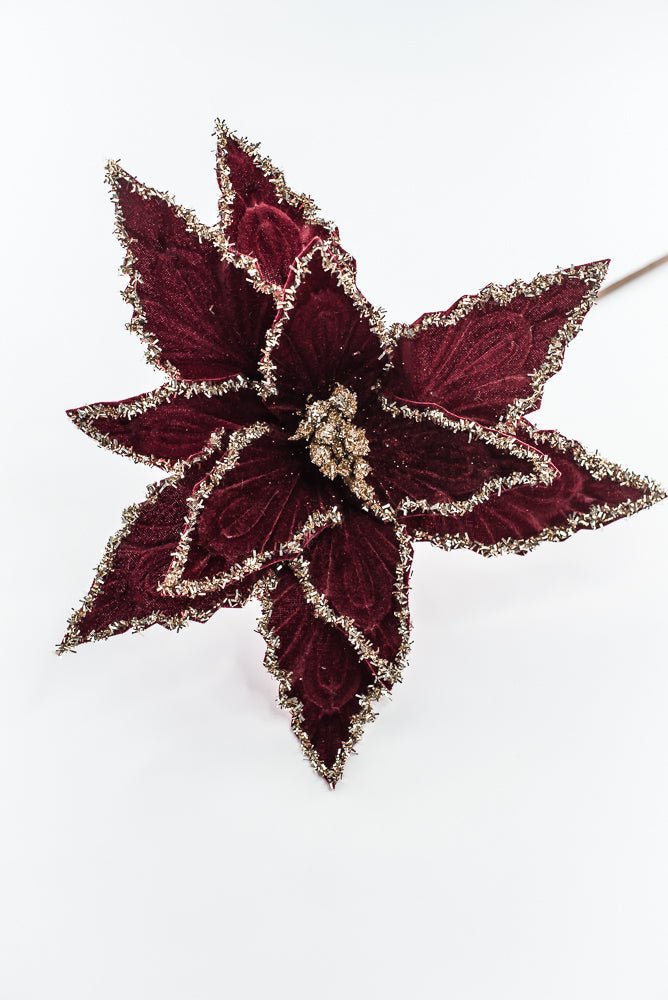 Artificial Deep Red & Tinsel Poinsettia Stem - 19" - Greenery MarketArtificial Flowers281588