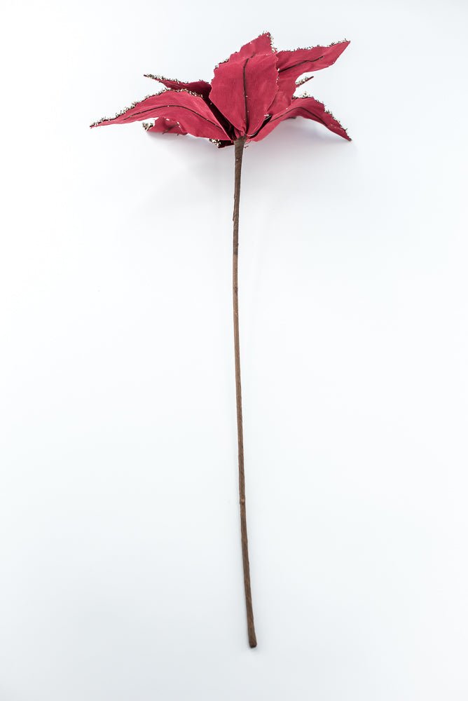 Artificial Deep Red & Tinsel Poinsettia Stem - 19" - Greenery MarketArtificial Flowers281588