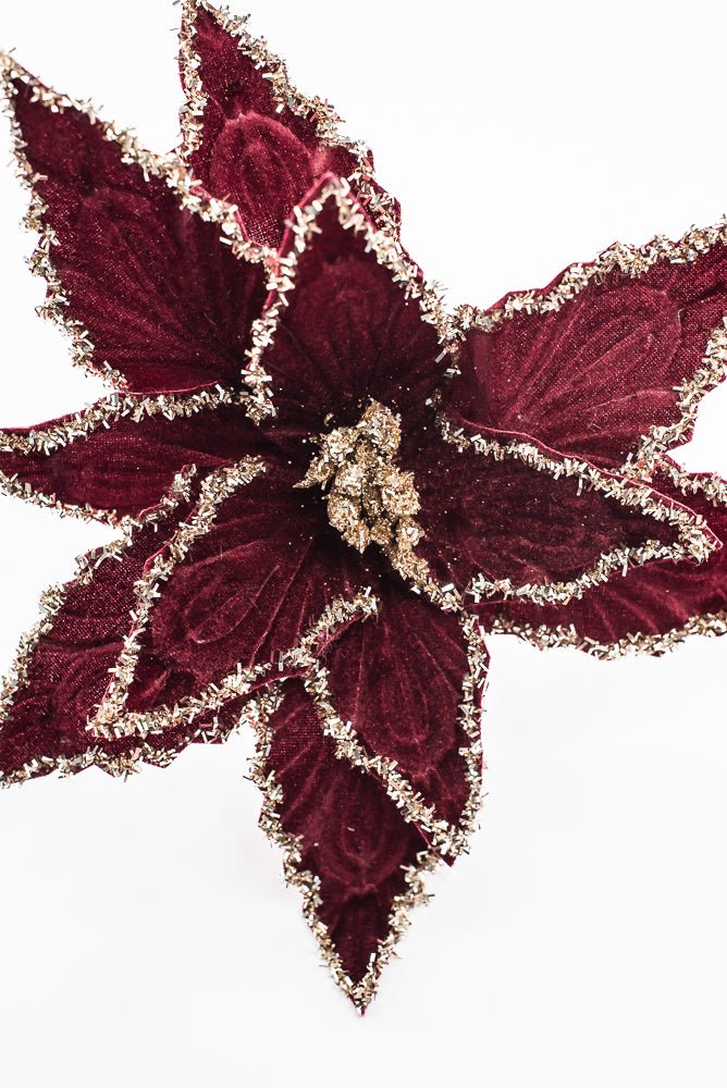 Artificial Deep Red & Tinsel Poinsettia Stem - 19" - Greenery MarketArtificial Flowers281588