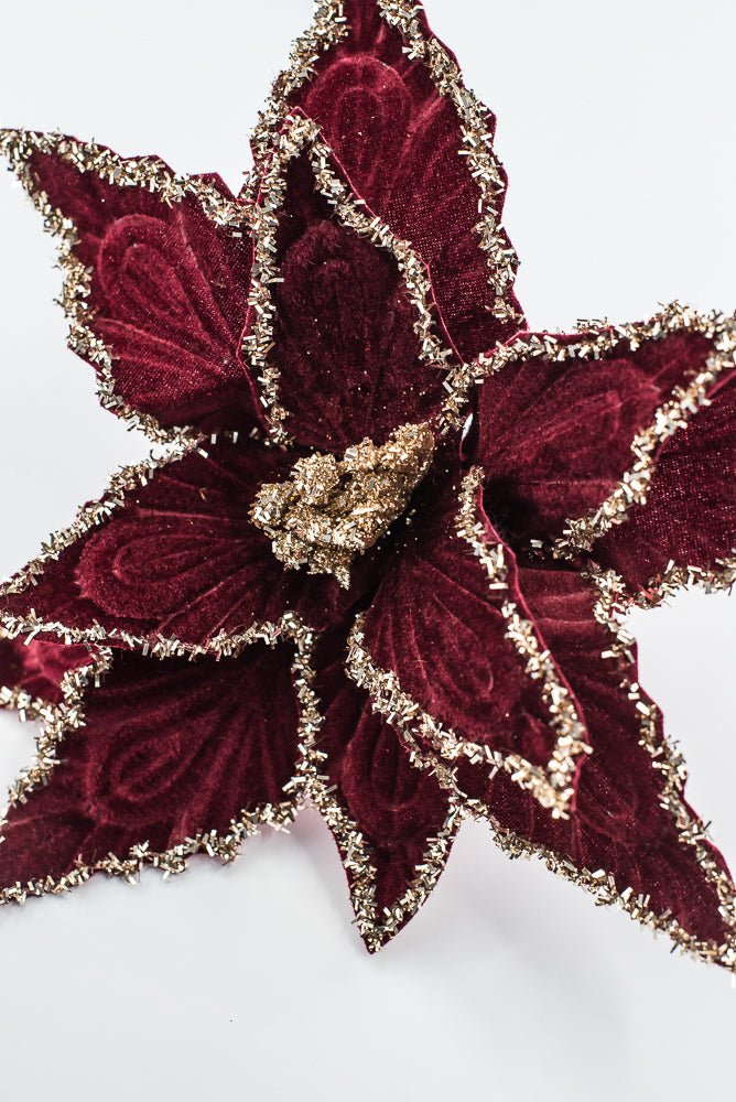 Artificial Deep Red & Tinsel Poinsettia Stem - 19" - Greenery MarketArtificial Flowers281588
