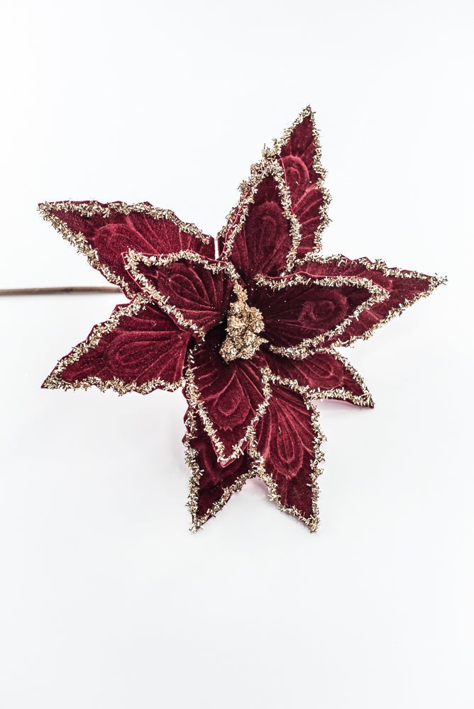 Artificial Deep Red & Tinsel Poinsettia Stem - 19" - Greenery MarketArtificial Flowers281588