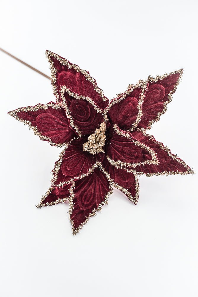 Artificial Deep Red & Tinsel Poinsettia Stem - 19" - Greenery MarketArtificial Flowers281588