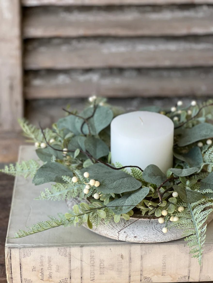 Artificial fern, twigs, and eucalyptus mini candle ring 6.5” - Greenery MarketgreeneryBR6221