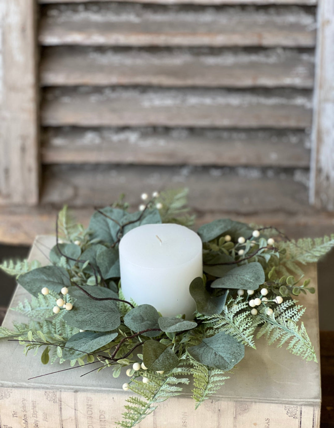 Artificial fern, twigs, and eucalyptus mini candle ring 6.5” - Greenery MarketgreeneryBR6221