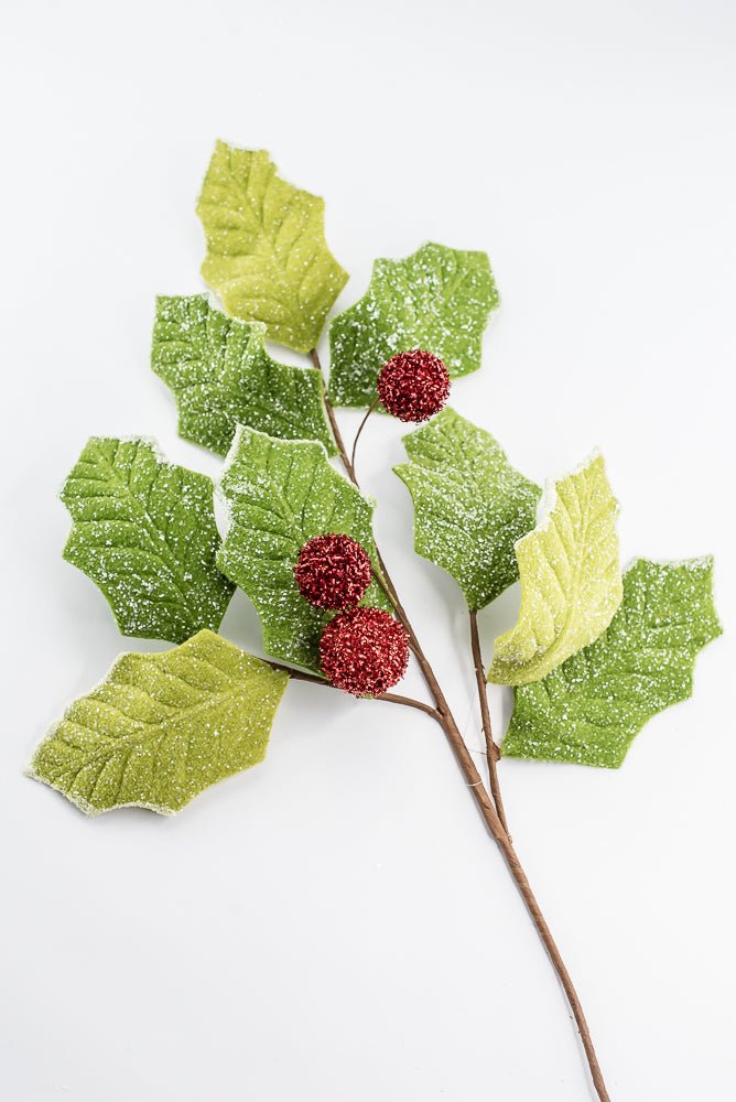 Artificial Glitter Felt Holly Leaf Spray - 34" - Greenery MarketArtificial Flora40463