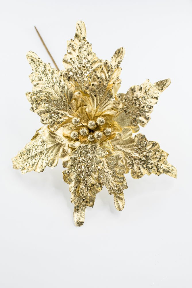 Artificial Gold Glitter Metallic Poinsettia Stem - 15" - Greenery MarketArtificial Flora40467-GOLD