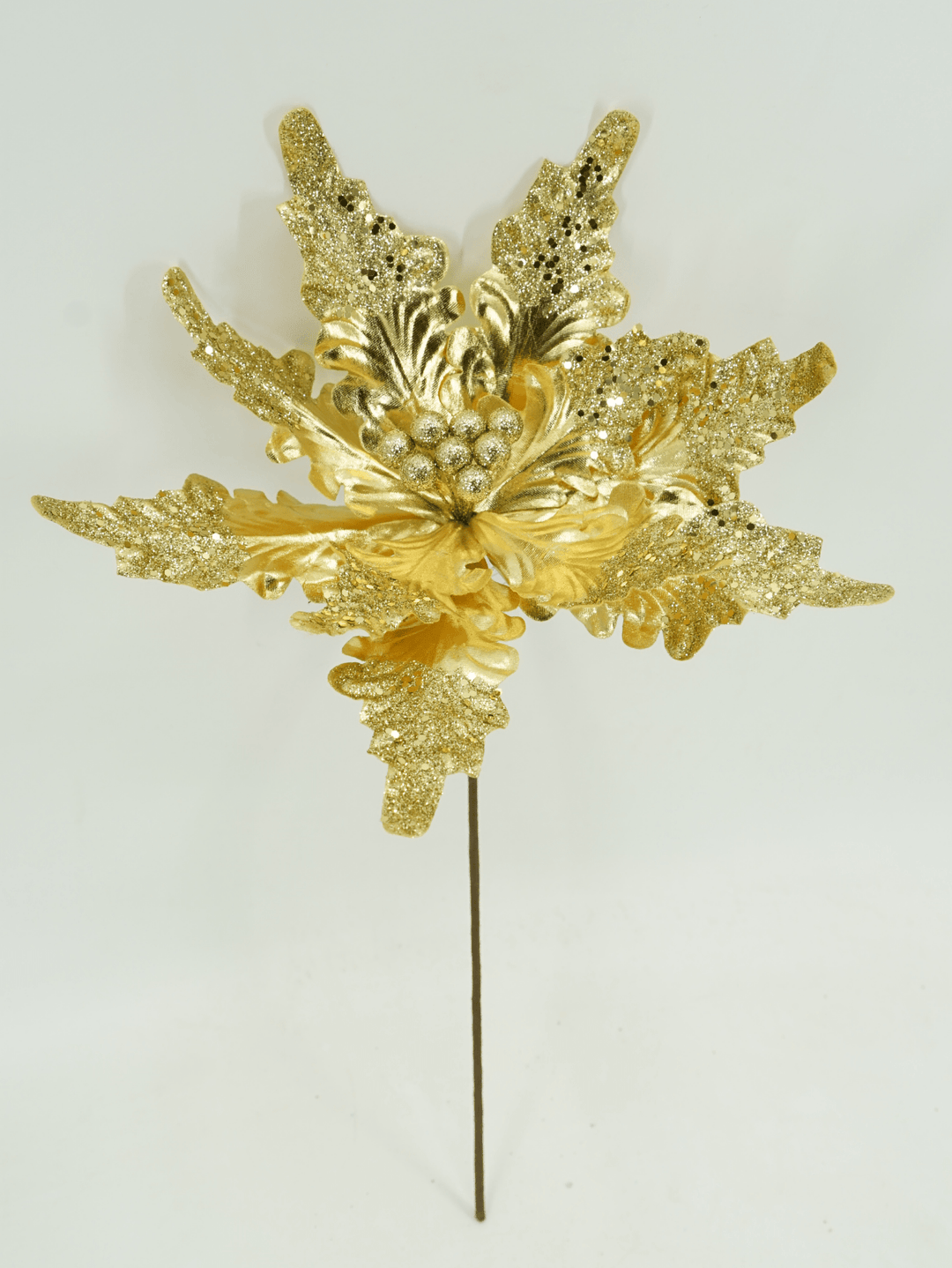 Artificial Gold Glitter Metallic Poinsettia Stem - 15" - Greenery MarketArtificial Flora40467-GOLD