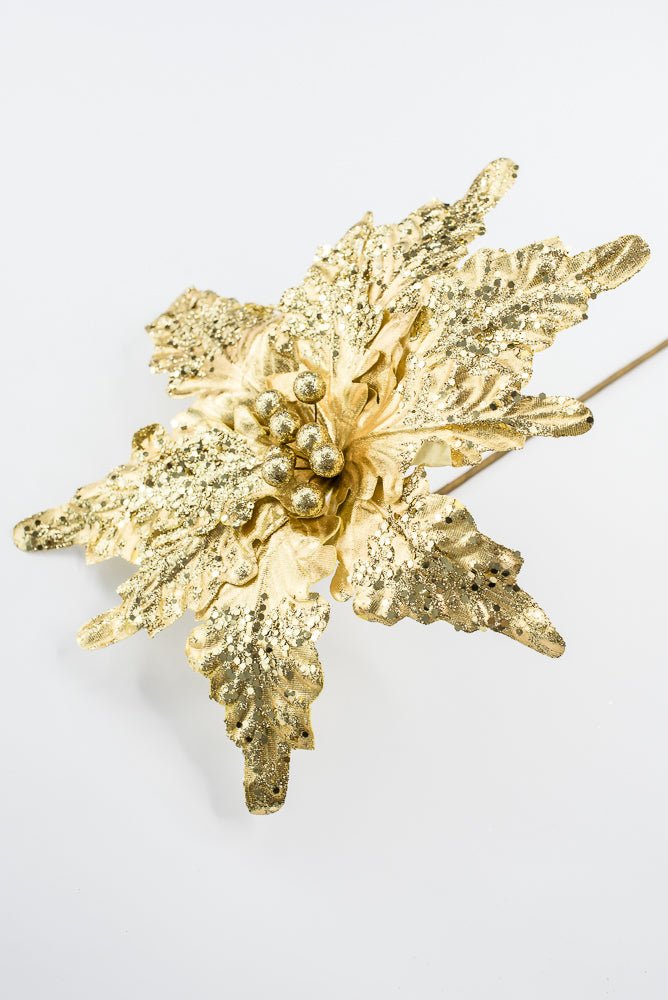 Artificial Gold Glitter Metallic Poinsettia Stem - 15" - Greenery MarketArtificial Flora40467-GOLD