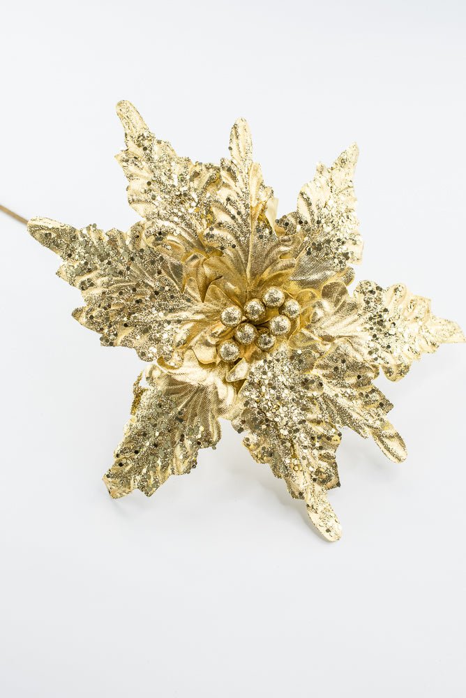 Artificial Gold Glitter Metallic Poinsettia Stem - 15" - Greenery MarketArtificial Flora40467-GOLD
