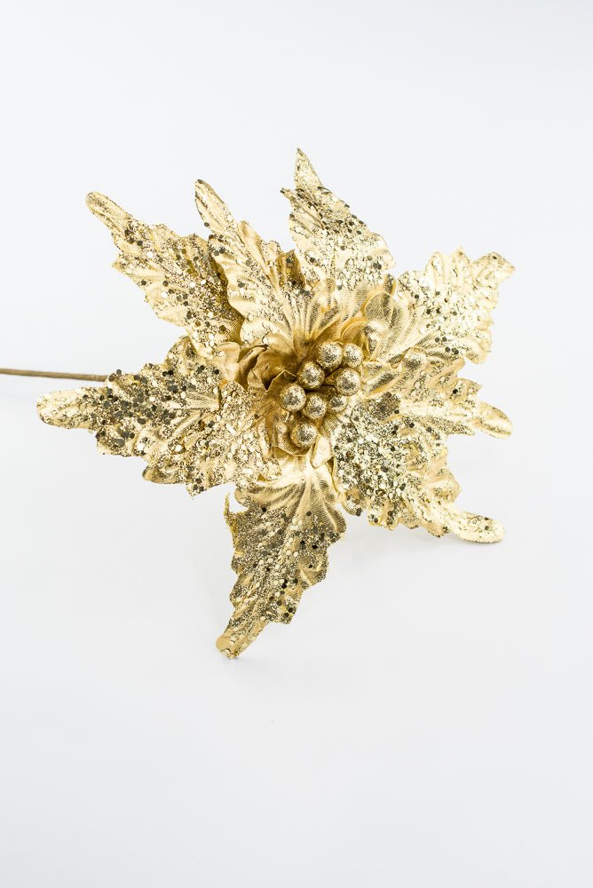 Artificial Gold Glitter Metallic Poinsettia Stem - 15" - Greenery MarketArtificial Flora40467-GOLD