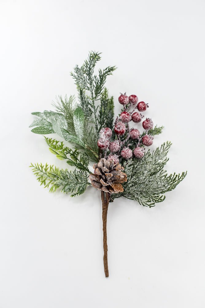 Artificial Green & Red Mixed Pine, Leaves, Pinecone & Berry Pick - 16" - Greenery MarketArtificial FloraXP2737