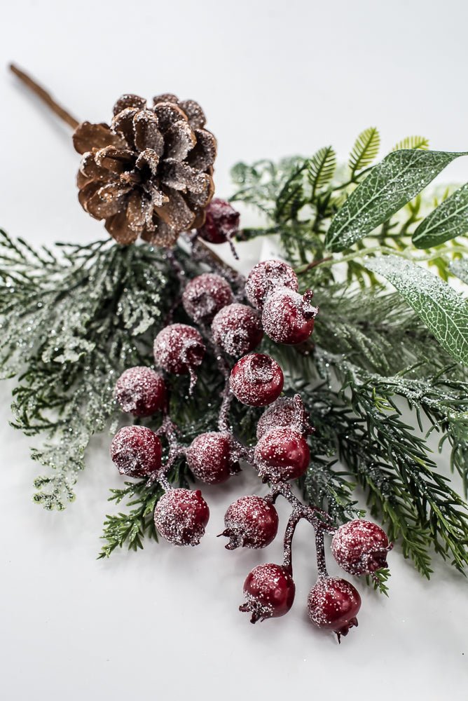Artificial Green & Red Mixed Pine, Leaves, Pinecone & Berry Pick - 16" - Greenery MarketArtificial FloraXP2737