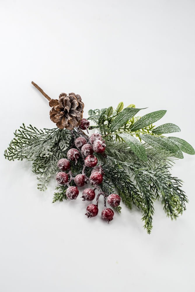 Artificial Green & Red Mixed Pine, Leaves, Pinecone & Berry Pick - 16" - Greenery MarketArtificial FloraXP2737