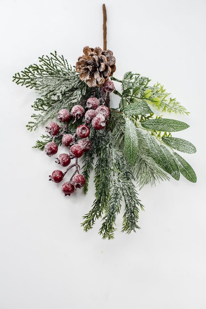 Artificial Green & Red Mixed Pine, Leaves, Pinecone & Berry Pick - 16" - Greenery MarketArtificial FloraXP2737