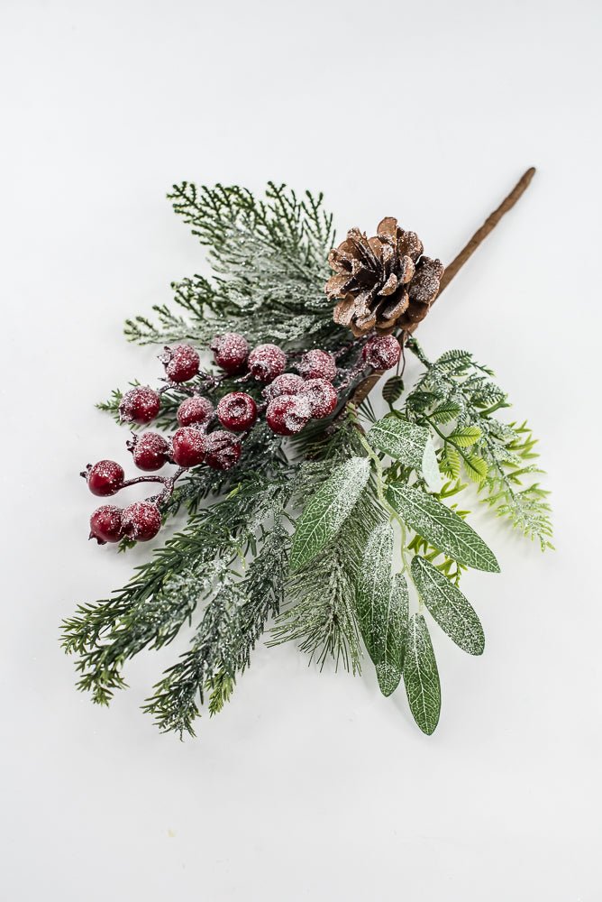 Artificial Green & Red Mixed Pine, Leaves, Pinecone & Berry Pick - 16" - Greenery MarketArtificial FloraXP2737