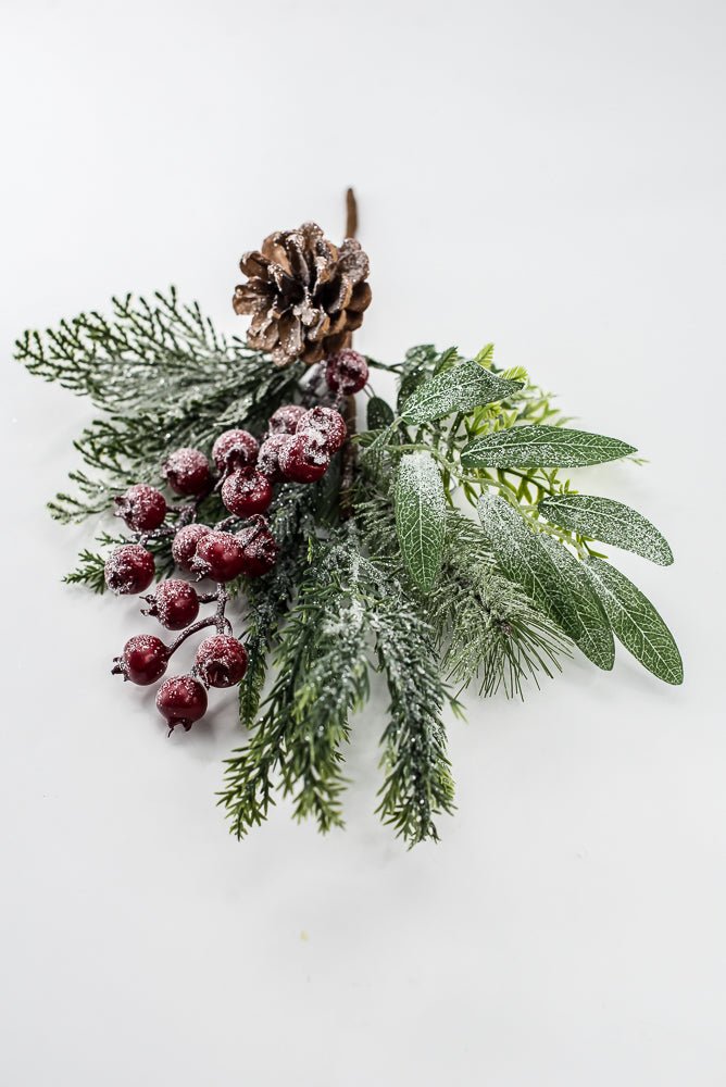 Artificial Green & Red Mixed Pine, Leaves, Pinecone & Berry Pick - 16" - Greenery MarketArtificial FloraXP2737