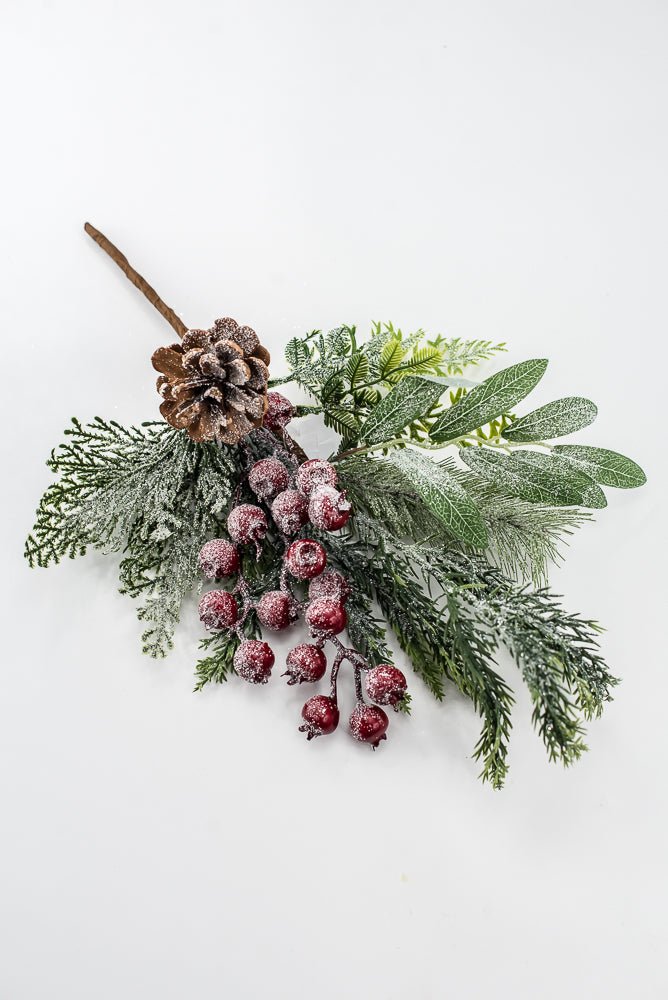 Artificial Green & Red Mixed Pine, Leaves, Pinecone & Berry Pick - 16" - Greenery MarketArtificial FloraXP2737