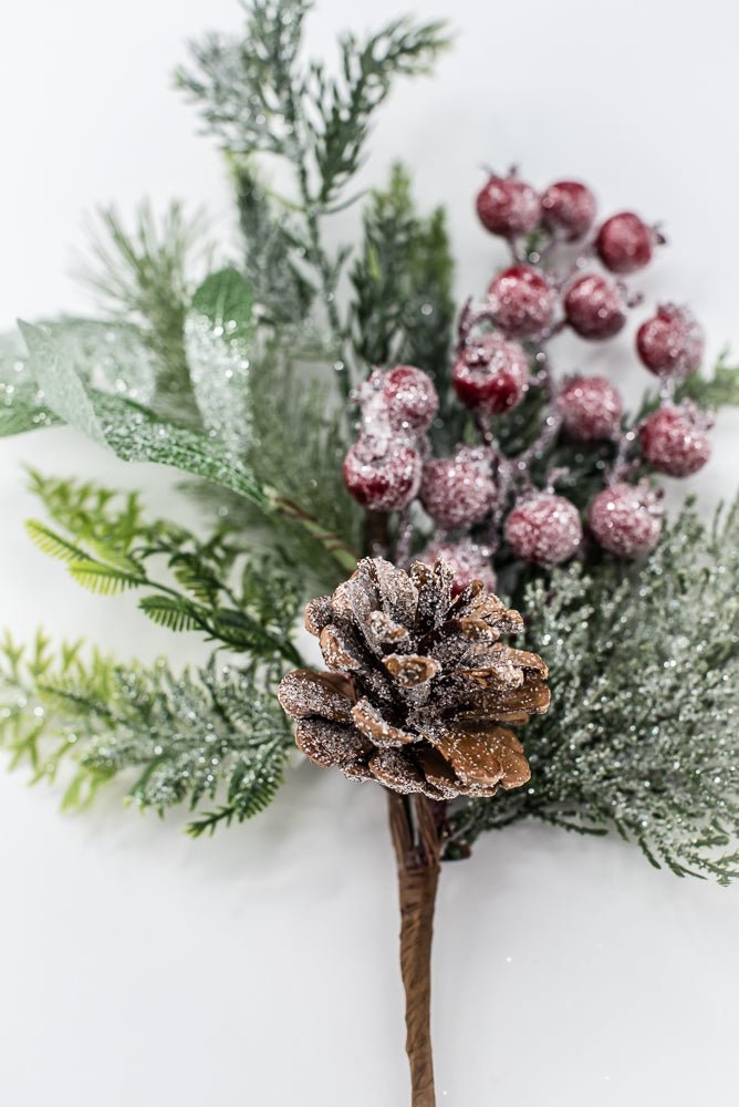 Artificial Green & Red Mixed Pine, Leaves, Pinecone & Berry Pick - 16" - Greenery MarketArtificial FloraXP2737