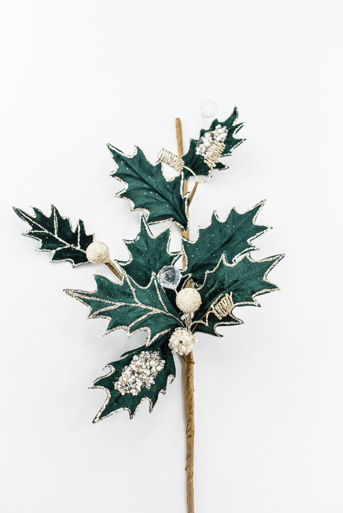 Artificial Green Velvet Holly Berry With Glitter Spray - 25" - Greenery MarketArtificial Flora85855-GN
